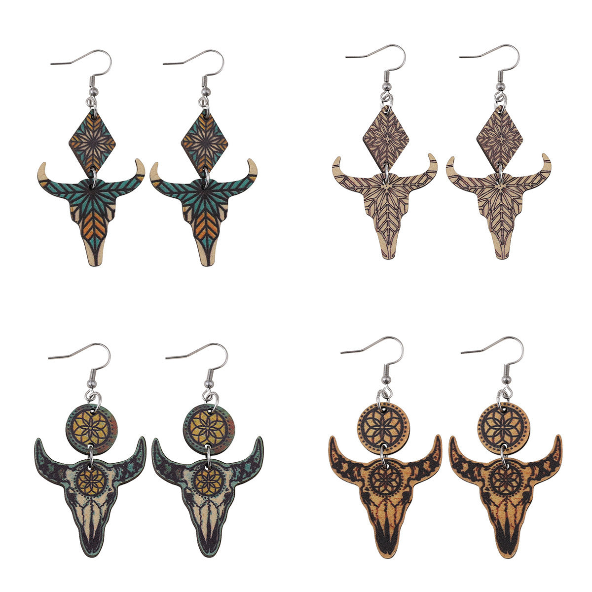 Wholesale Western Ethnic Aztec Geometric Pattern Cow Head Pendant  Double-sided Earrings