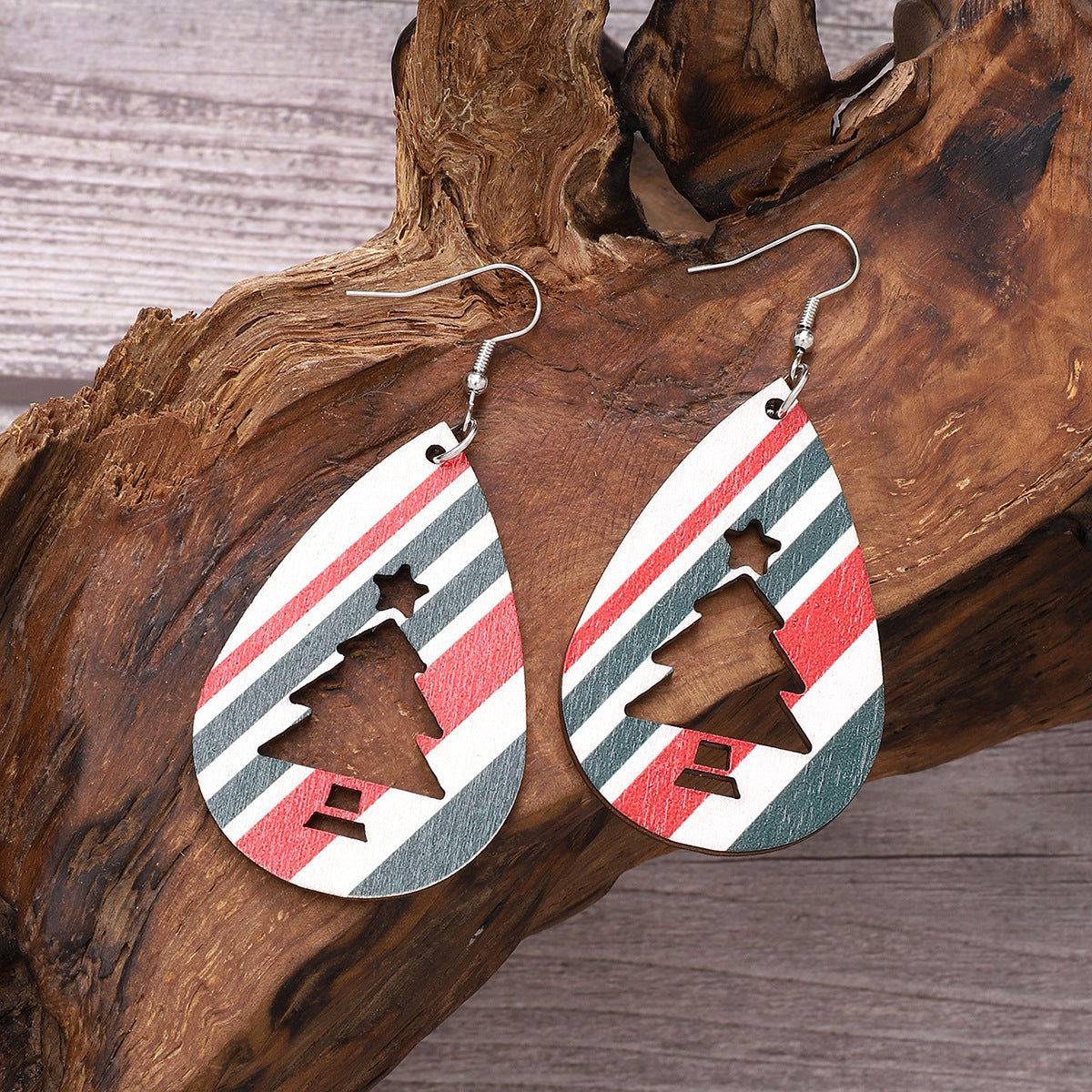 Wholesale Christmas Water Drops Striped Wooden Earrings