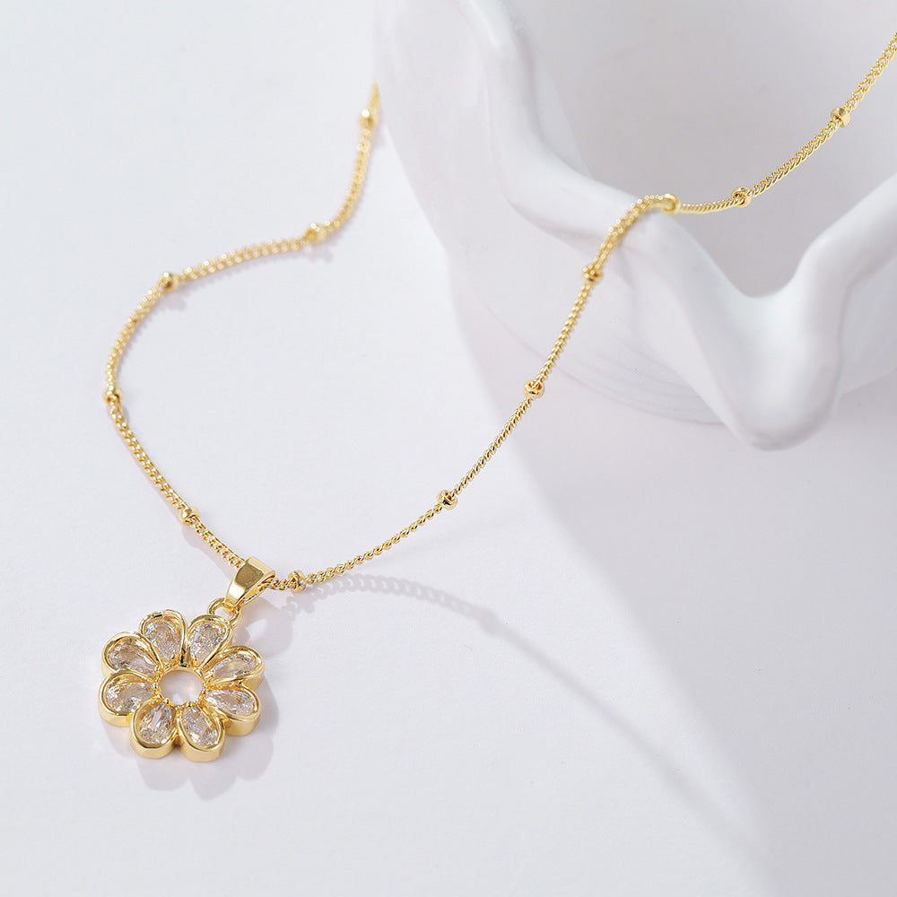 Wholesale Fashion Flower Design Gold Plated Pendant Necklace with Zircon,  Trendy Jewelry Accessory for Resale