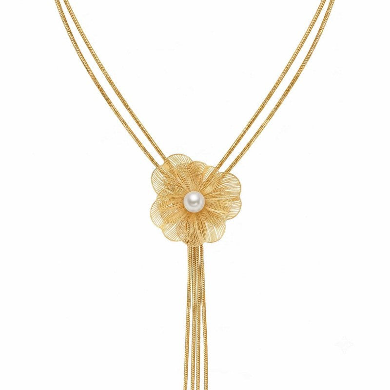 Wholesale Vintage Metal Flower Pearl Tassel Necklace Long French Style Sweater Chain Chic Jewelry Accessory