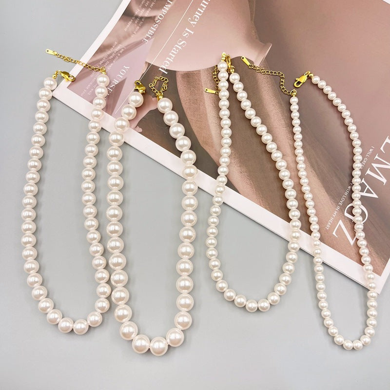 Wholesale French Glass Pearl 16 inch Long Necklace Light Luxury Clavicle Chain Titanium Steel Lobster Clasp ACC-NE-LaoY001