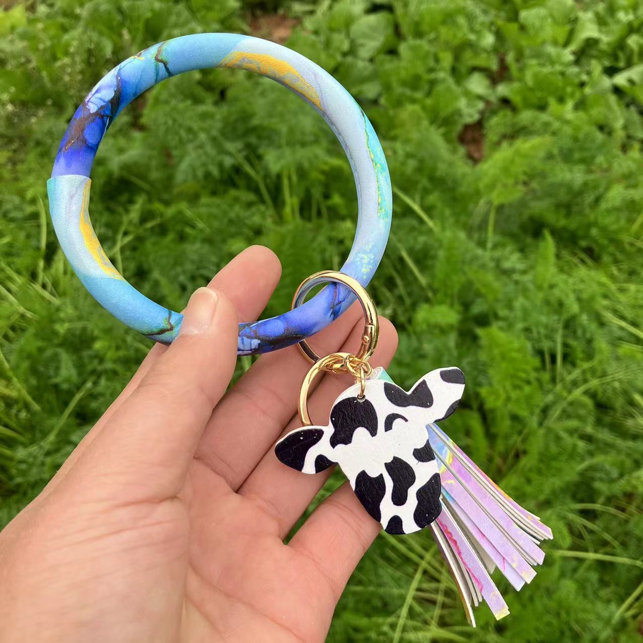 Wholesale Western Style Leopard Print Cow Print Cactus Leather Wristlet Keychain ACC-KC-QiuXue003