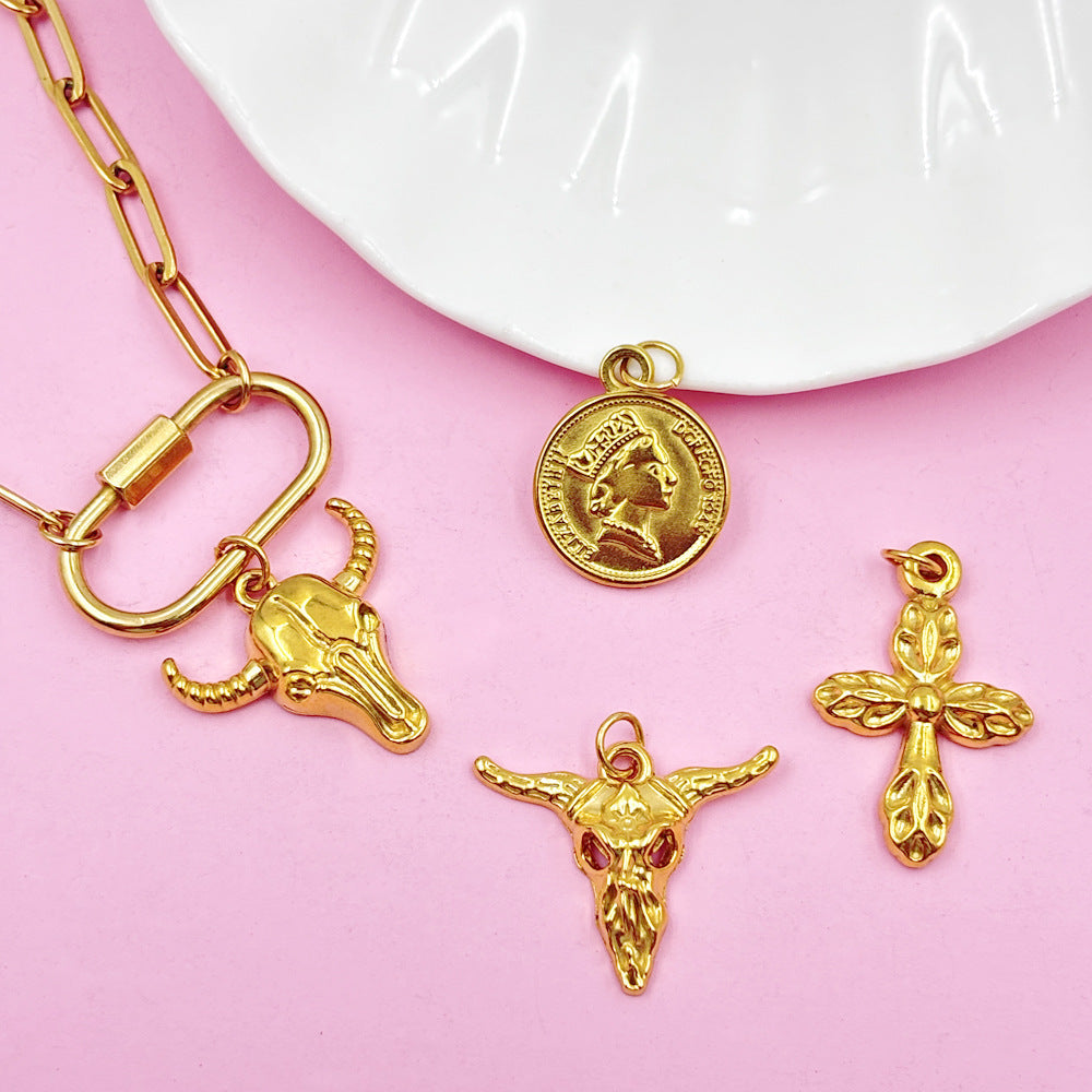 Wholesale European and American Cross-Border Popular Bull Head and Horn Cross Pendant Simple Keychain Bracelet Necklace Pendant Jewelry Accessories
