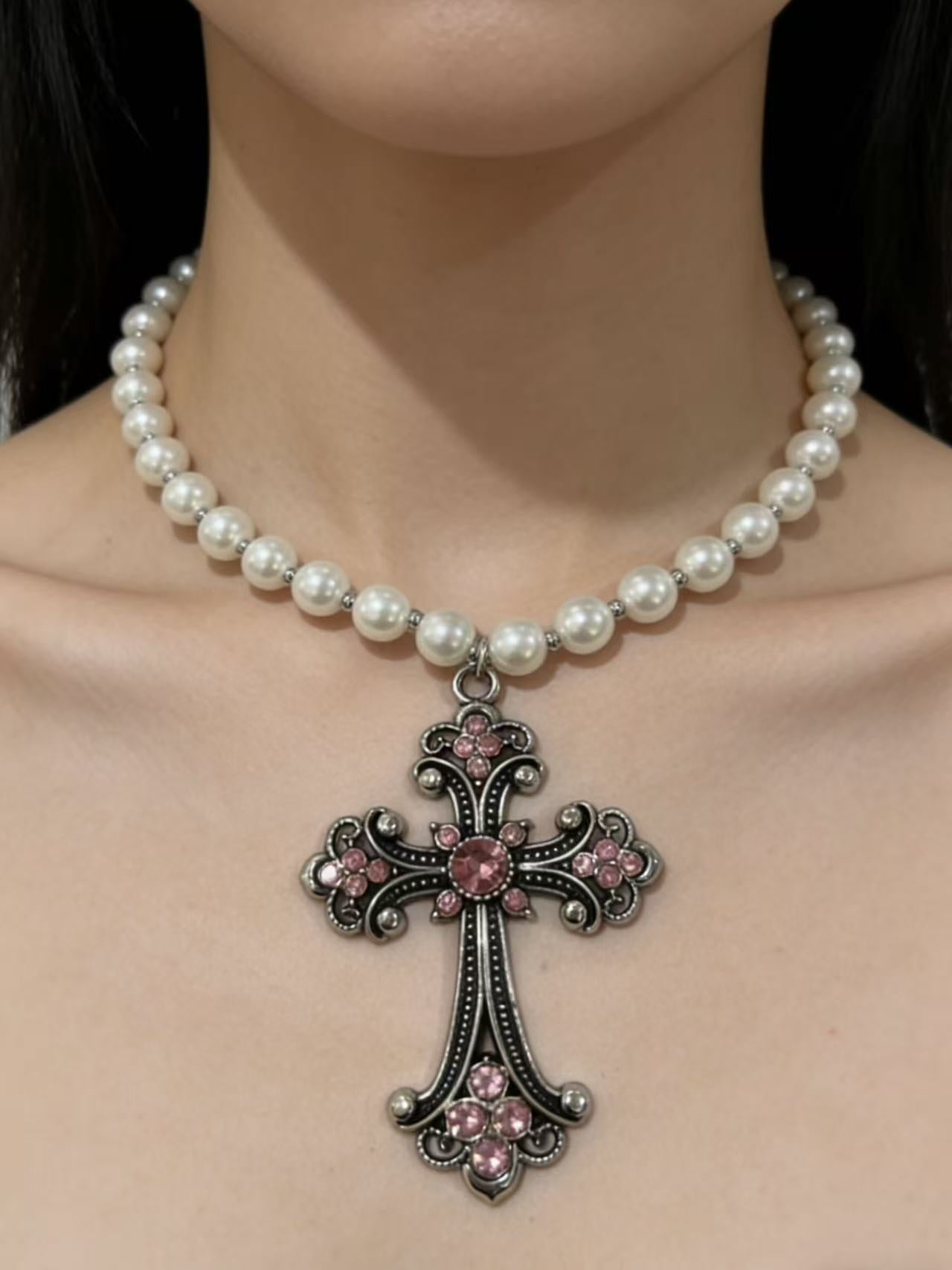 Wholesale Cross Pendant Pearl Necklace Dark Style Fashion Jewelry Accessory