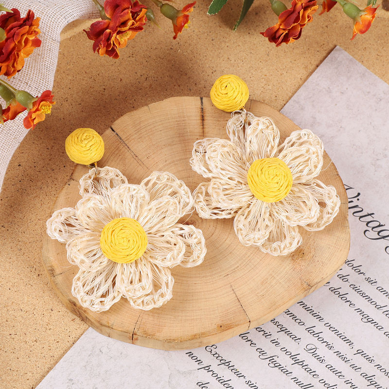 Wholesale Handmade Woven Rafi Grass Exaggerated Big Flower Earrings