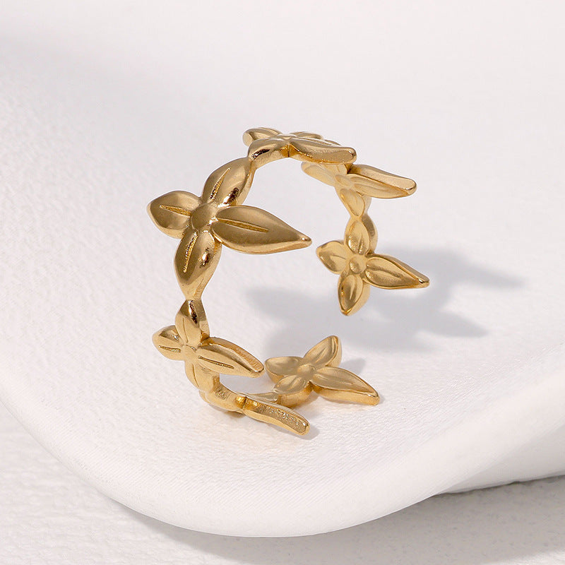Wholesale leaf all-match light luxury adjustable open stainless steel ring