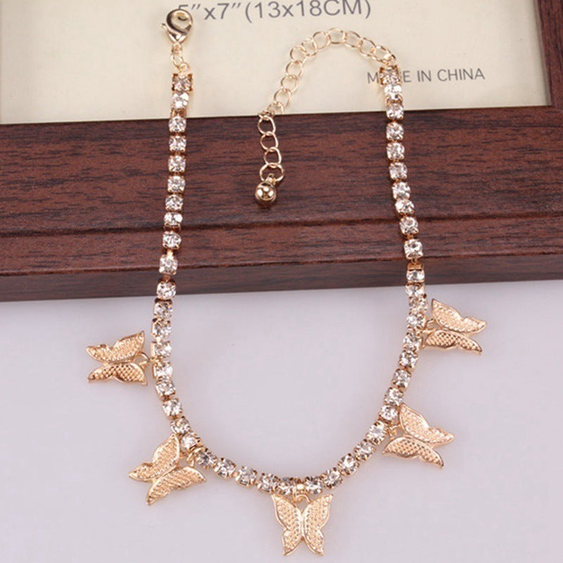 Wholesale Rhinestone Claw Chain Small Butterfly Tassel Anklet