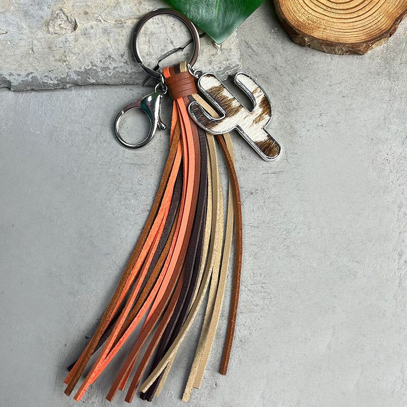 Wholesale 2pcs/pack Western Style Cactus Tassel Genuine Leather Horse Hair Keychain ACC-KC-HY016