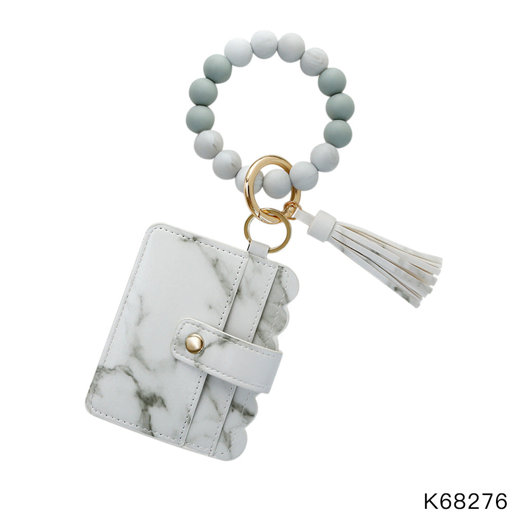 Wholesale Silicone Beaded Pendant PU Tassel Card Holder Wrist Keychain ACC-KC-JM004