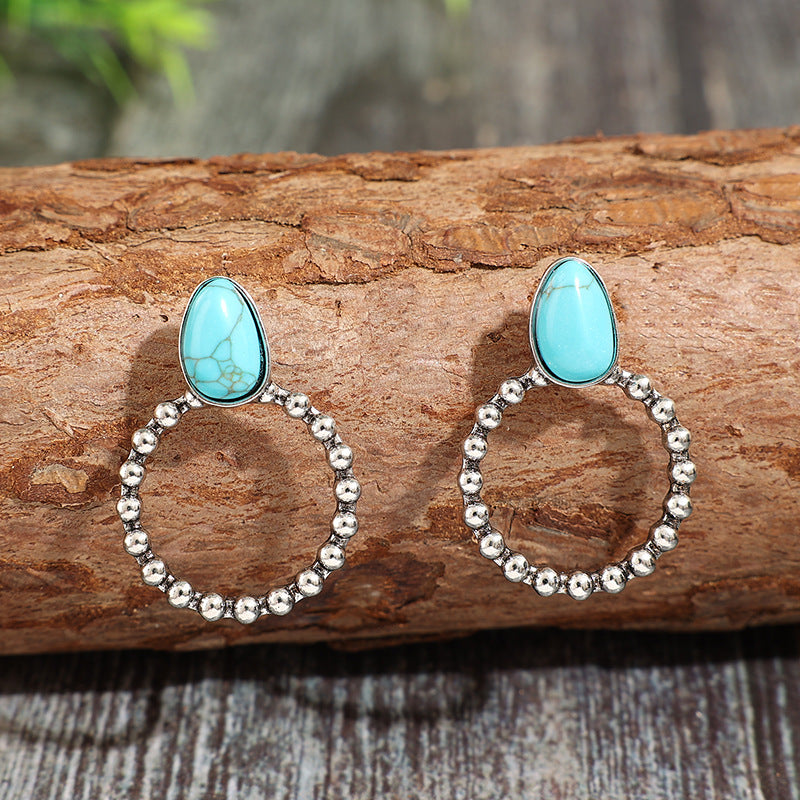 Wholesale Vintage Blue Turquoise Earrings Silver-Tone Alloy Bohemian Fashion Jewelry Accessory for Women