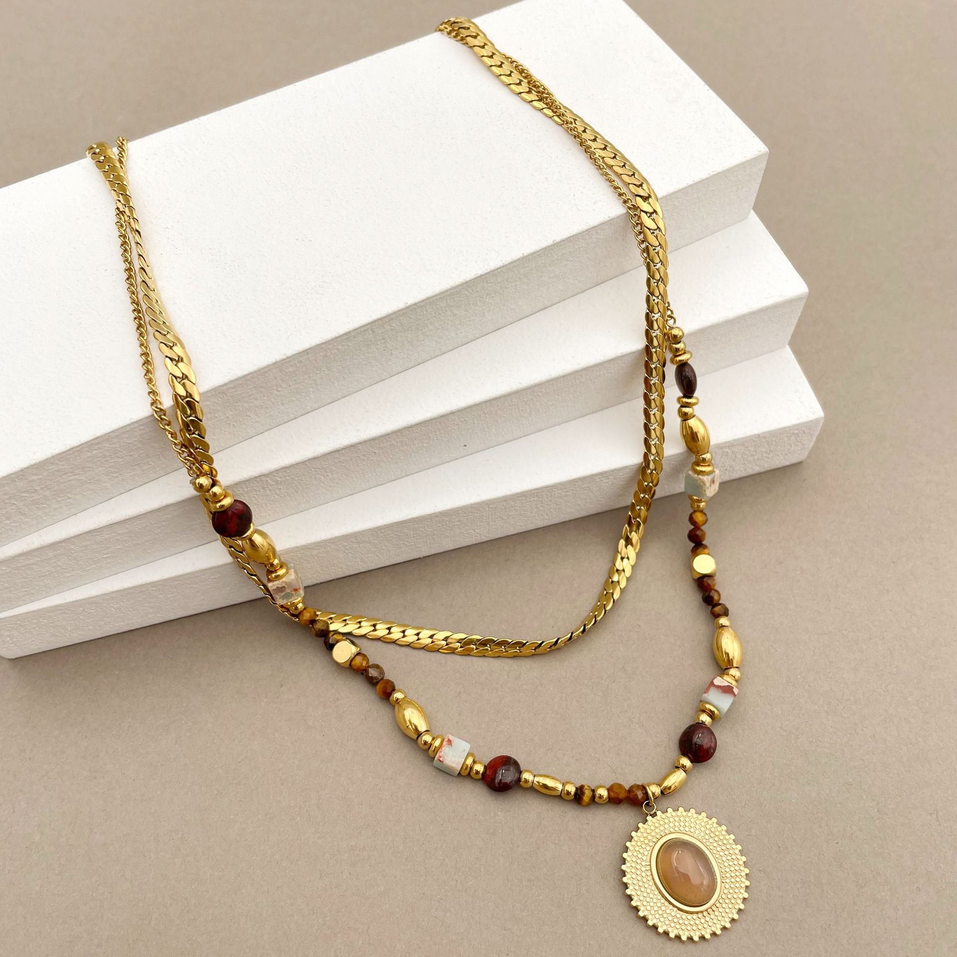 Wholesale Round Beads Rice Beads Handmade Double-layer Chain Natural Stone Pendant Necklace