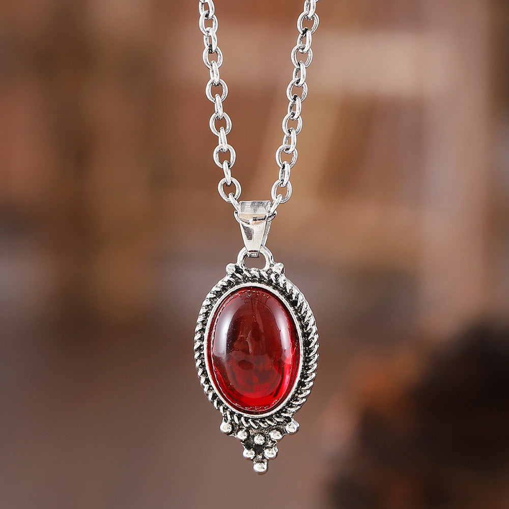 Wholesale Vintage Exquisite Embossed Ruby Oval Glass Pendant Earrings Necklace suit