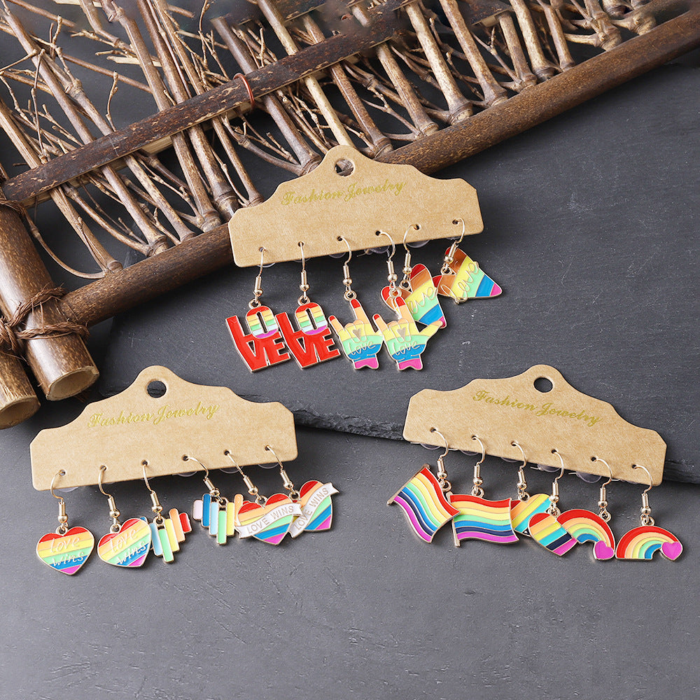 Wholesale Rainbow Color Earrings Set Love Flag English Earrings