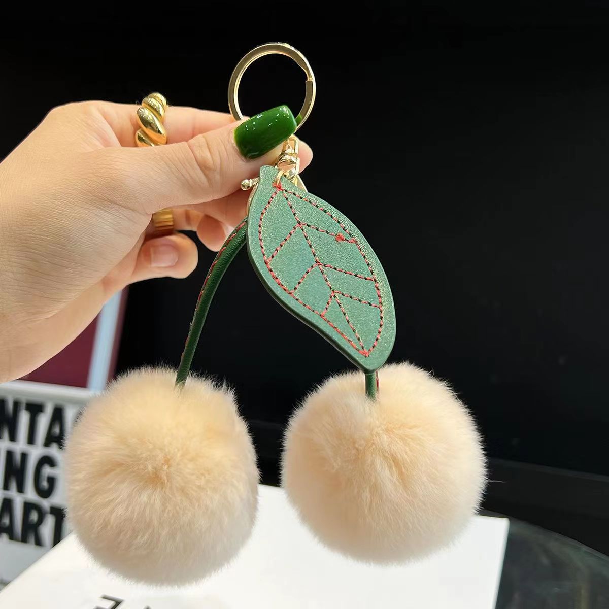 Wholesale genuine rex rabbit fur cherry car keychain
