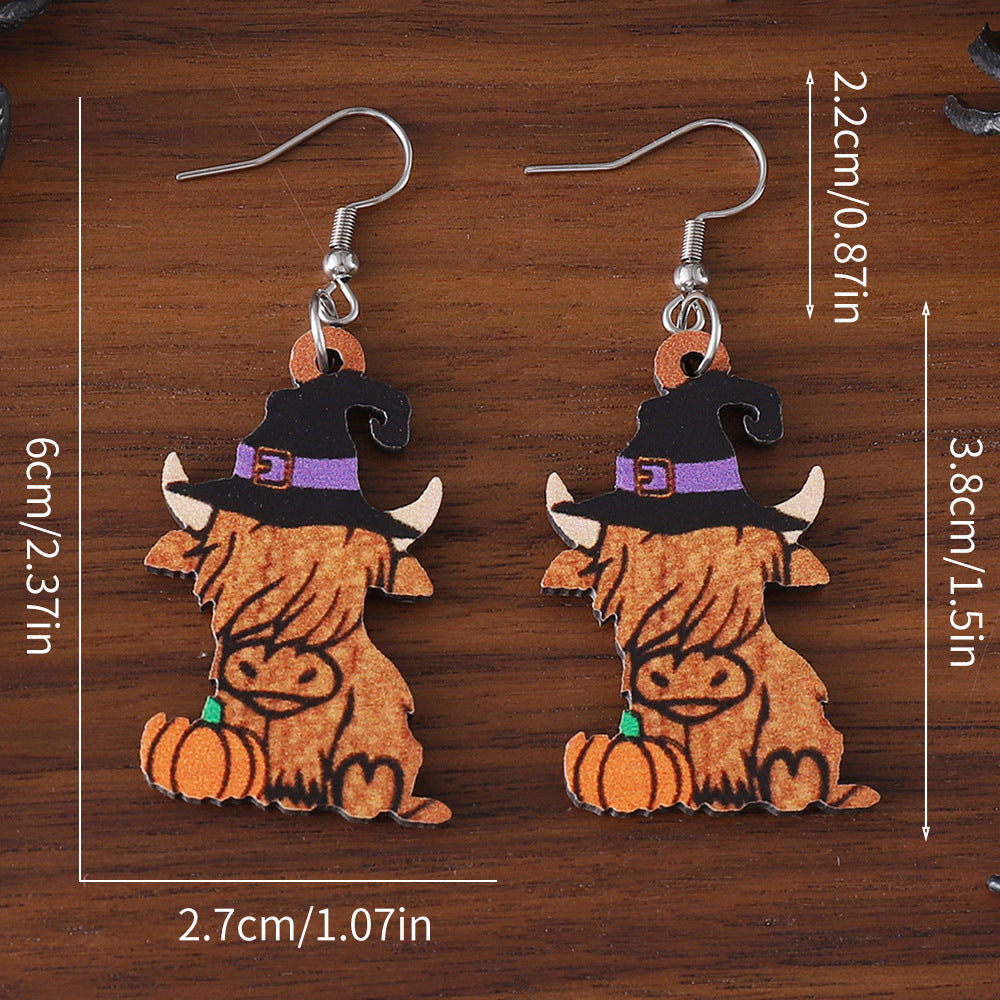 Wholesale Halloween Witch Hat Western Alpine Cow Ghost Face Pumpkin Wooden Earrings ACC-ES-ChuLian043