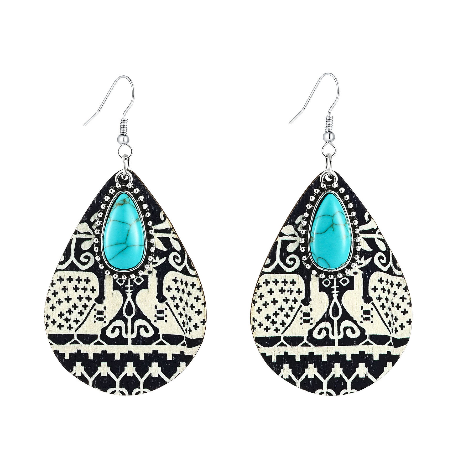 Wholesale  Retro Drop-Shaped Wooden Earrings Turquoise Earrings