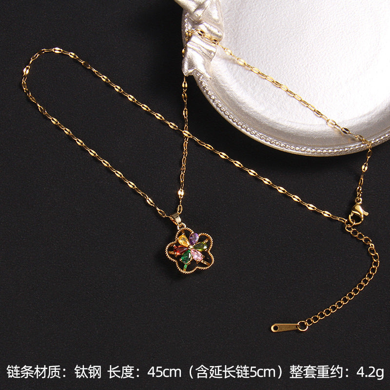 Wholesale Zircon Four Leaf Clover Necklace Care Bear Pendant Titanium Steel Heart Necklace ACC-NE-Rongc014