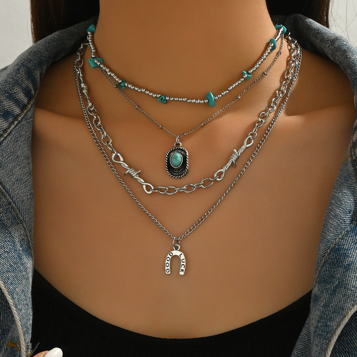 Wholesale Electroplated Alloy Cowboy Necklace Set Vintage Bull Head Turquoise Jewelry Accessory