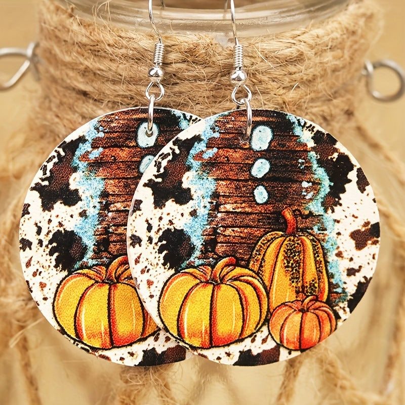 Wholesale Thanksgiving Round Summer Pumpkin Maple Leaf Leopard Print Striped  Women's Leather Earrings