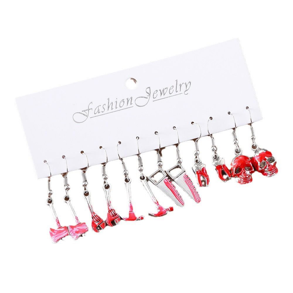 Wholesale Gothic Tool Skull Earring Set For Women 6 Piece Zinc Alloy Electroplated Wrench Axe Saw Hammer Earrings Trendy Party Jewelry Accessory