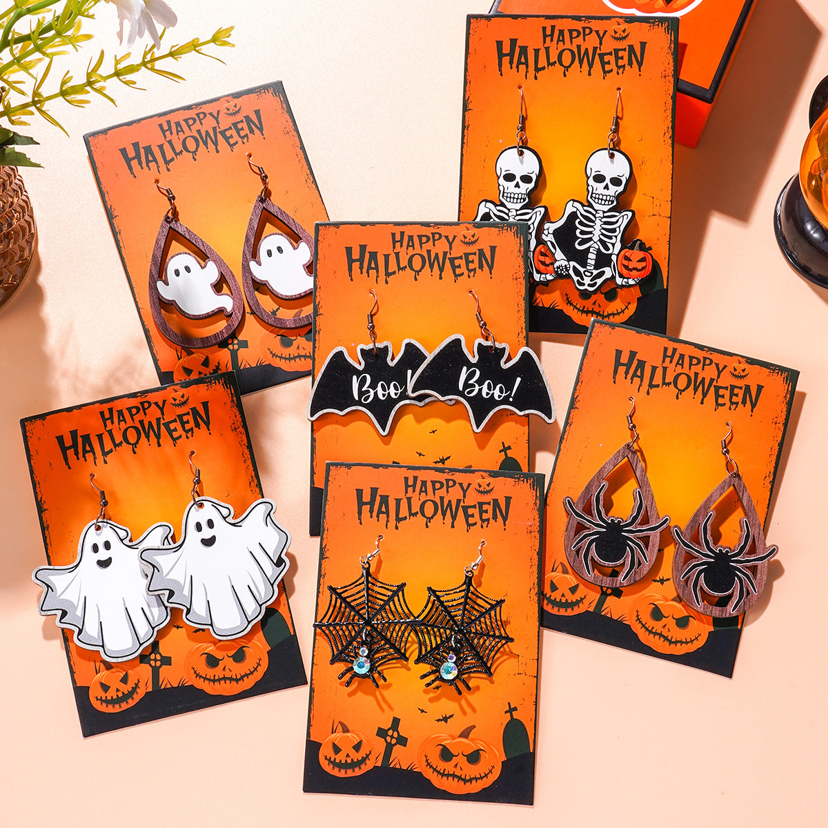 Wholesale Halloween Cartoon Bat Ghost Pumpkin Wood Earrings ACC-ES-Ditong001