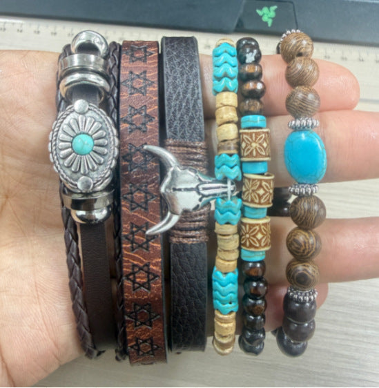 Wholesale Retro Cowboy Turquoise Bracelet Set Women S Handmade Engraved Metal Jewelry 5 Piece Gift Everyday Wear