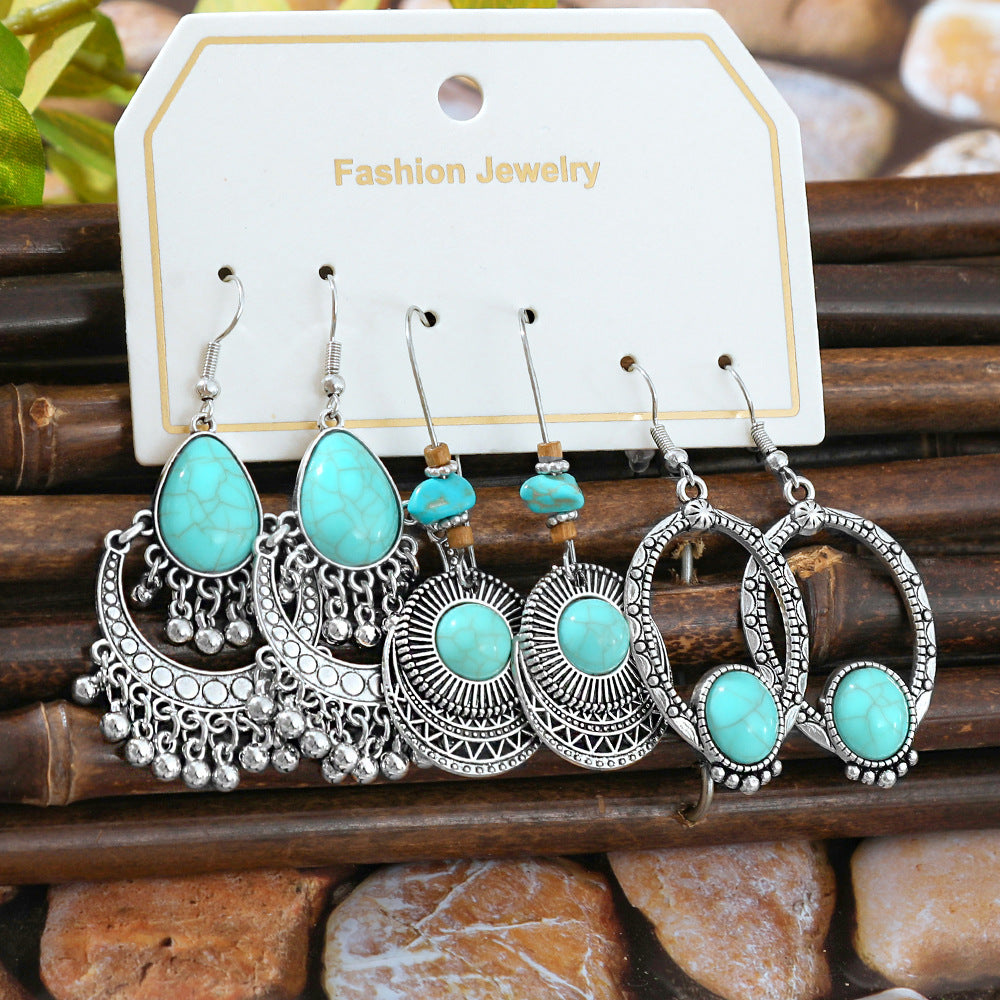 Wholesale European and American Cross-Border Hot Selling New Turquoise Earrings Set Fashion Ethnic Holiday Style Earrings Earrings Manufacturer