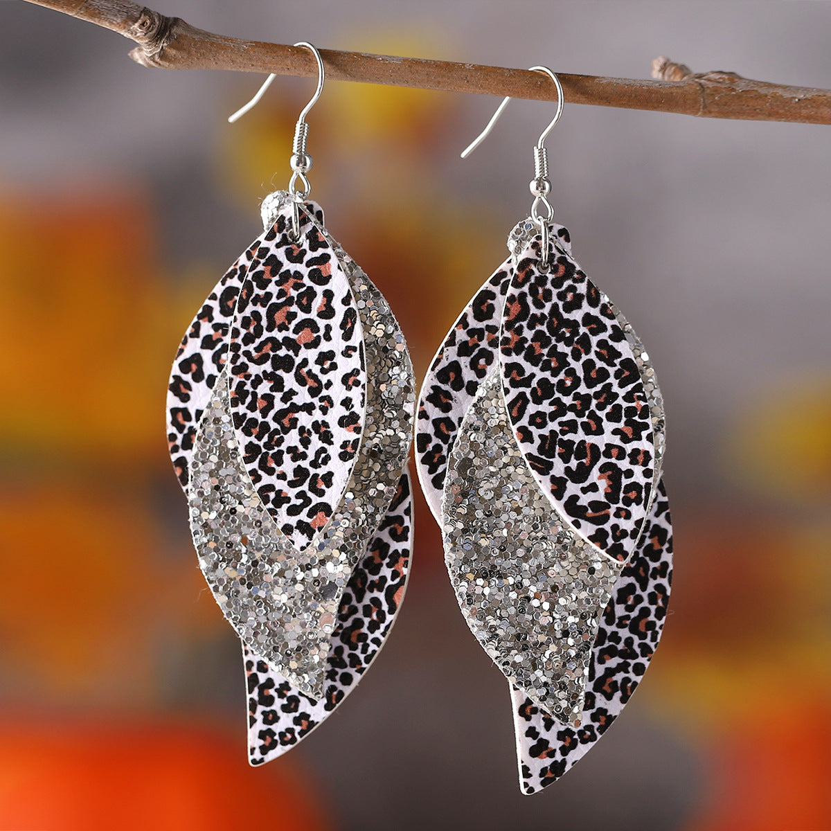 Wholesale Three-layer Leaf-shaped Sequined Leopard Leather Earrings ACC-ES-ChuLian113