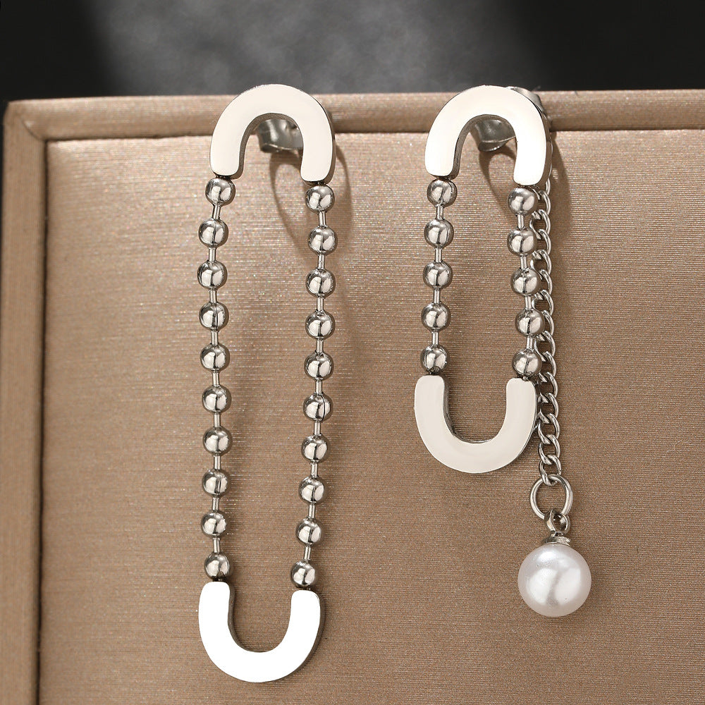 Wholesale Exaggerated Design Sense Stainless Steel Gold  Pearl Pendant Pin Earrings