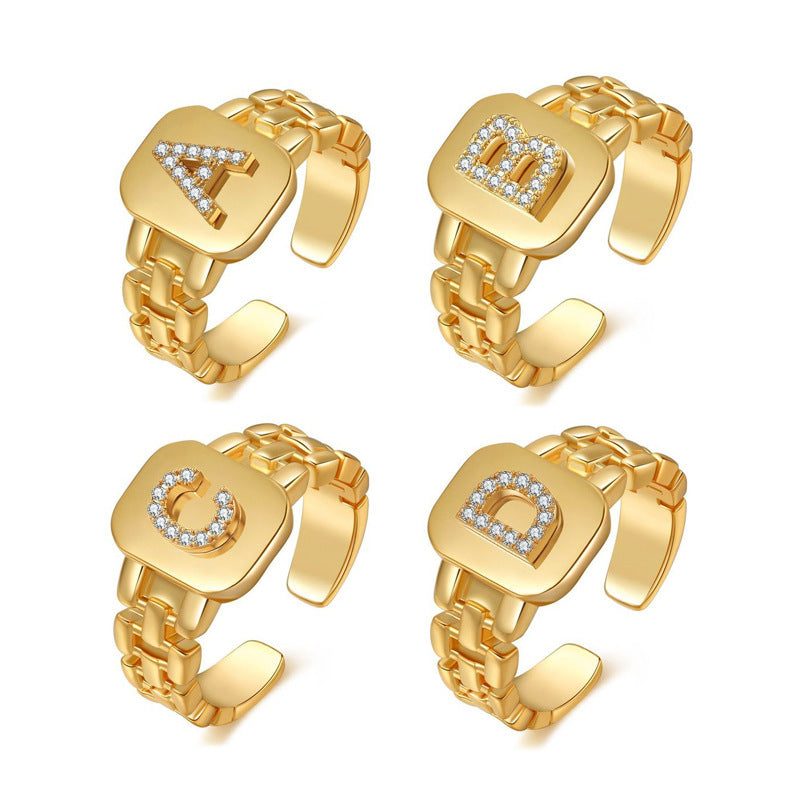 Wholesale Letter Series Gold-plated Zircon Light Luxury Rings Open Rings ACC-RS-SY006