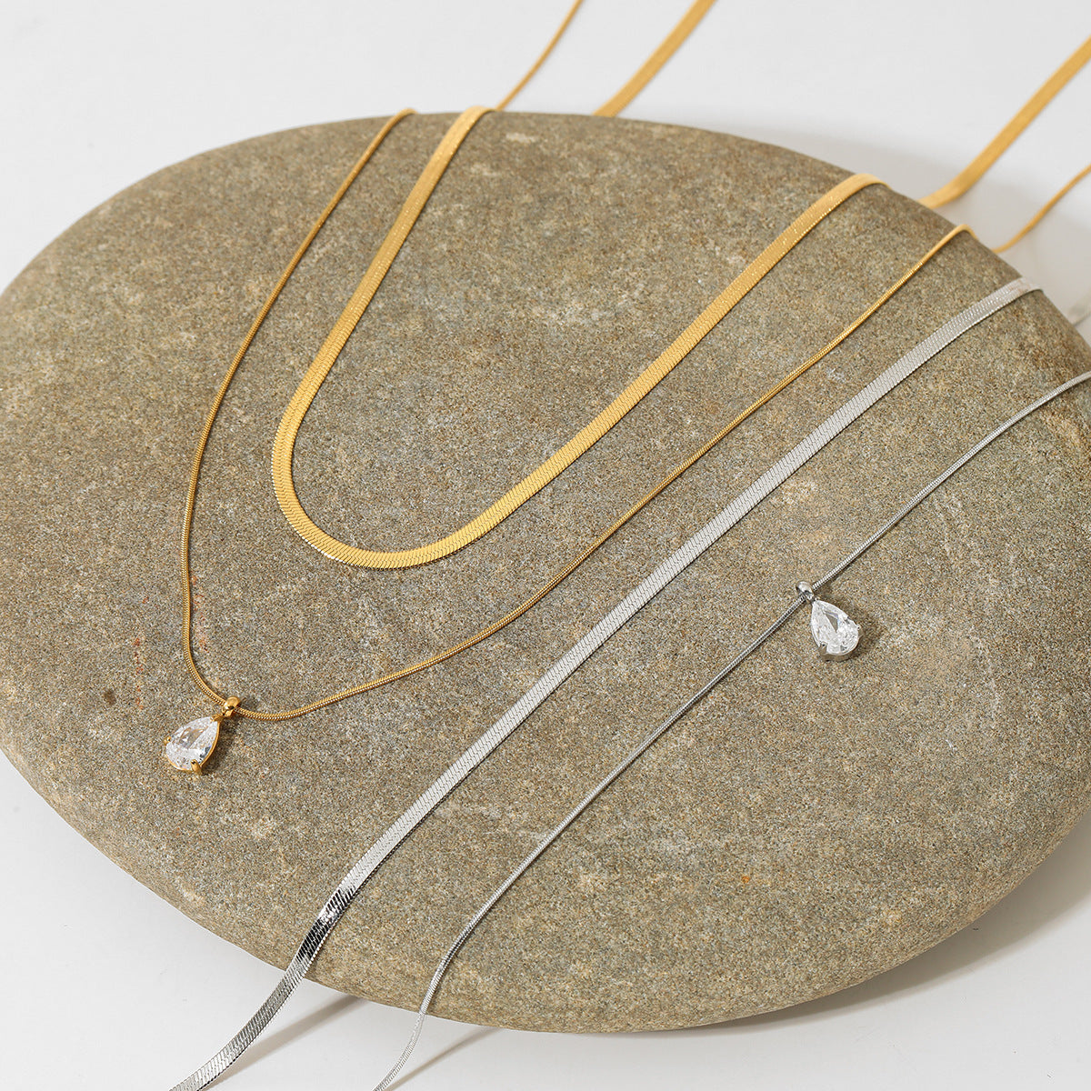 Wholesale Stainless steel double-layer square snake chain water drop zircon necklace