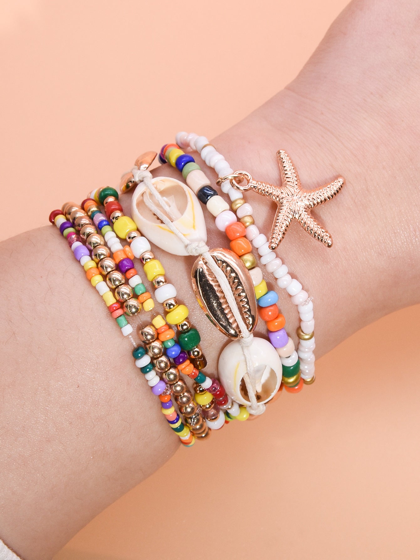 Wholesale Bohemian Beach Style Bracelet Set Summer Dopamine Starfish Rice Beads Shell Bracelet Six-piece Set ACC-BT-Yeb003