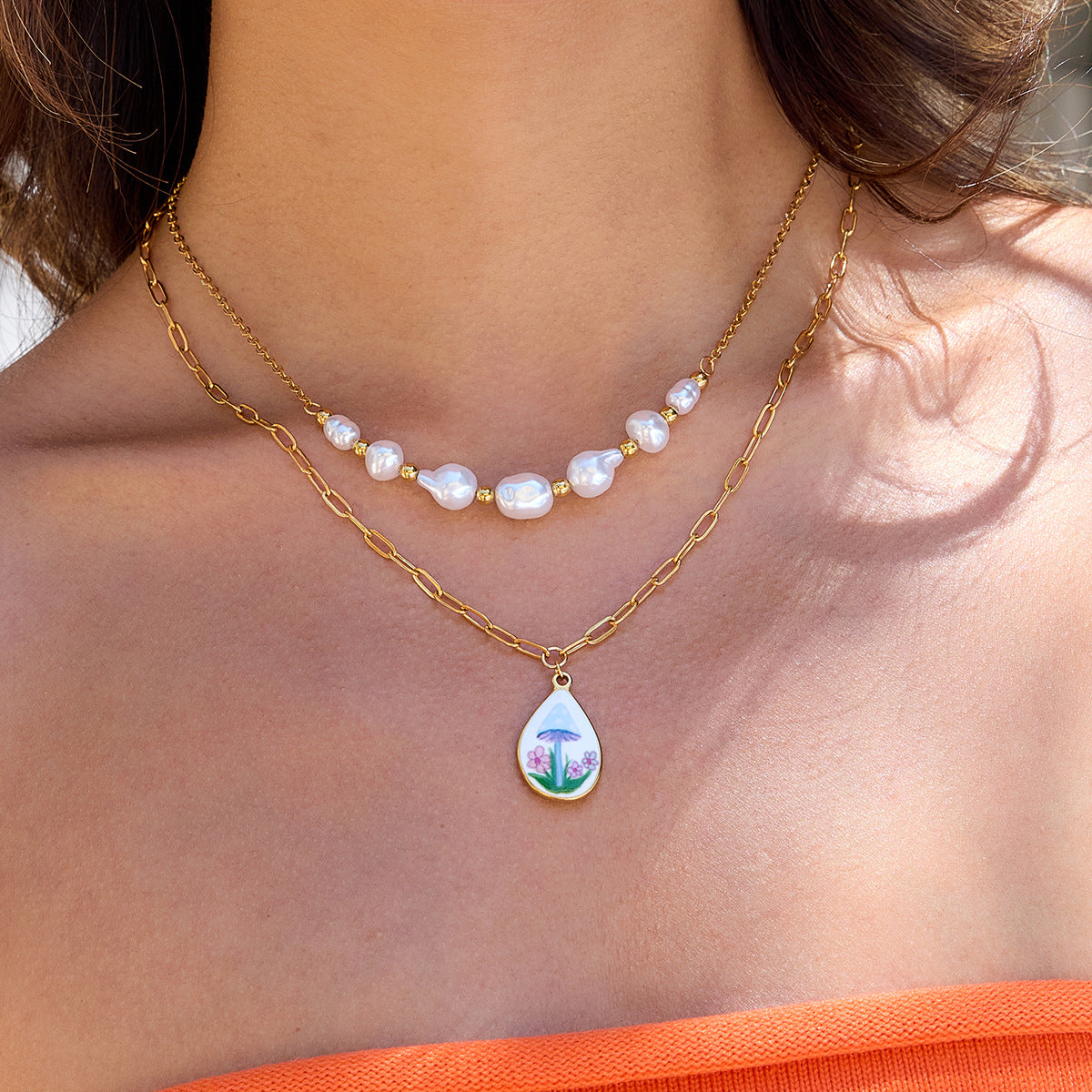 Wholesale 18K Gold Stainless Steel Pearl Double-Layer Necklace