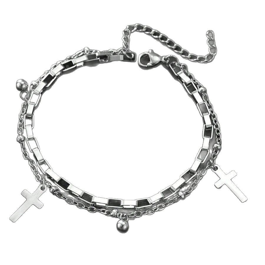 Wholesale European Retro Men' s Double-Layer Cross Bracelet Alloy Chain Round Bead Pendant Fashion Accessory