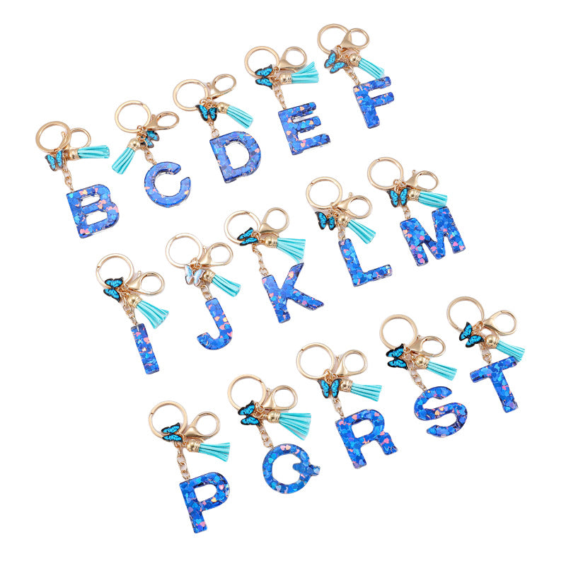 Wholesale Resin blue heart butterfly letter keychain