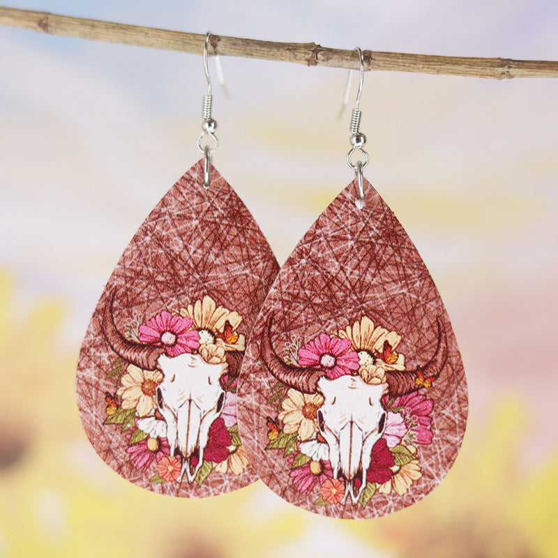 Wholesale Western Style Old Style Cow Head Flowers  Leather Earrings