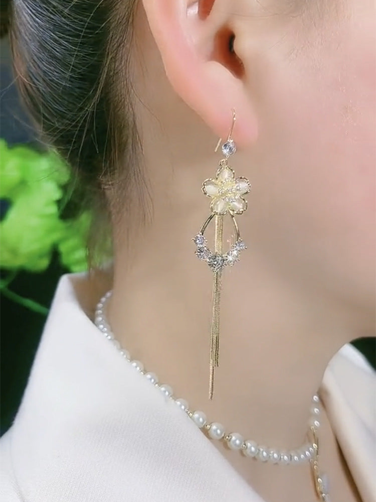 Wholesale Green Cat's Eye Flower Tassel Earrings