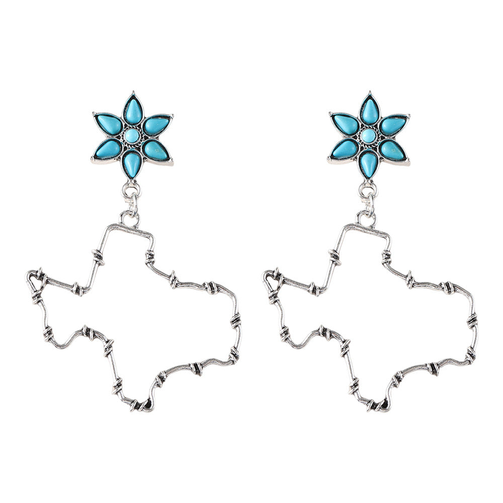 Wholesale Western Style Old Texas Flower Turquoise Inlaid Earrings