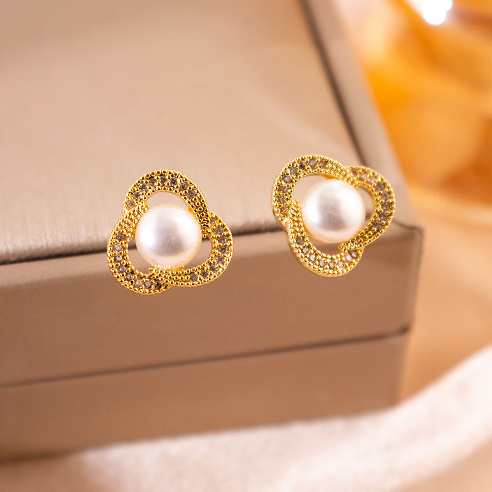 Wholesale Silver Needle Zircon Clover Pearl Earrings