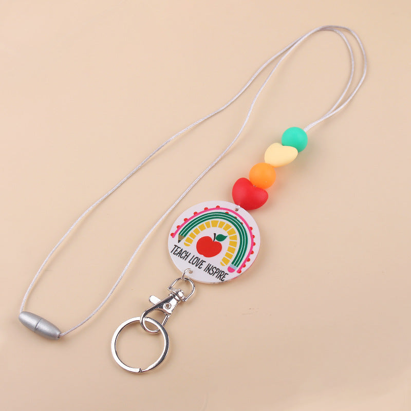 Wholesale Teacher Rainbow Necklace Pendant Cartoon Silicone Beaded Keychain Lanyard Keychain Teacher's Day Bulk Keychains ACC-KC-GuangTian043