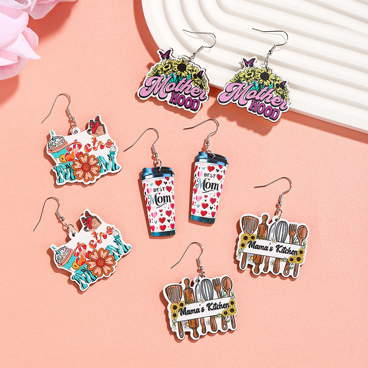 Wholesale  Mother's Day Wooden Earrings Cartoon MOM Coffee Milk Tea Cup Earrings