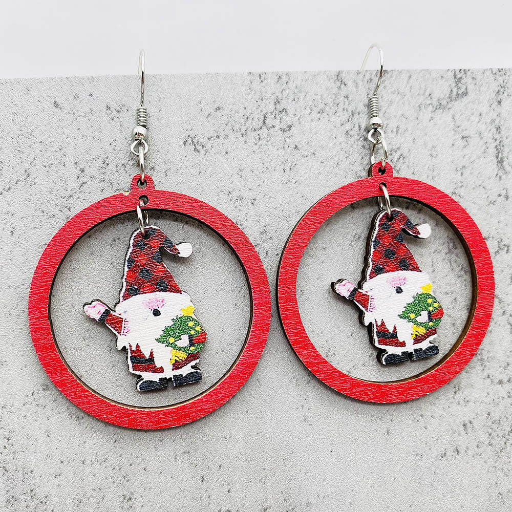 Wholesale Christmas Elk Gnome Dwarf Splicing Wooden Earrings