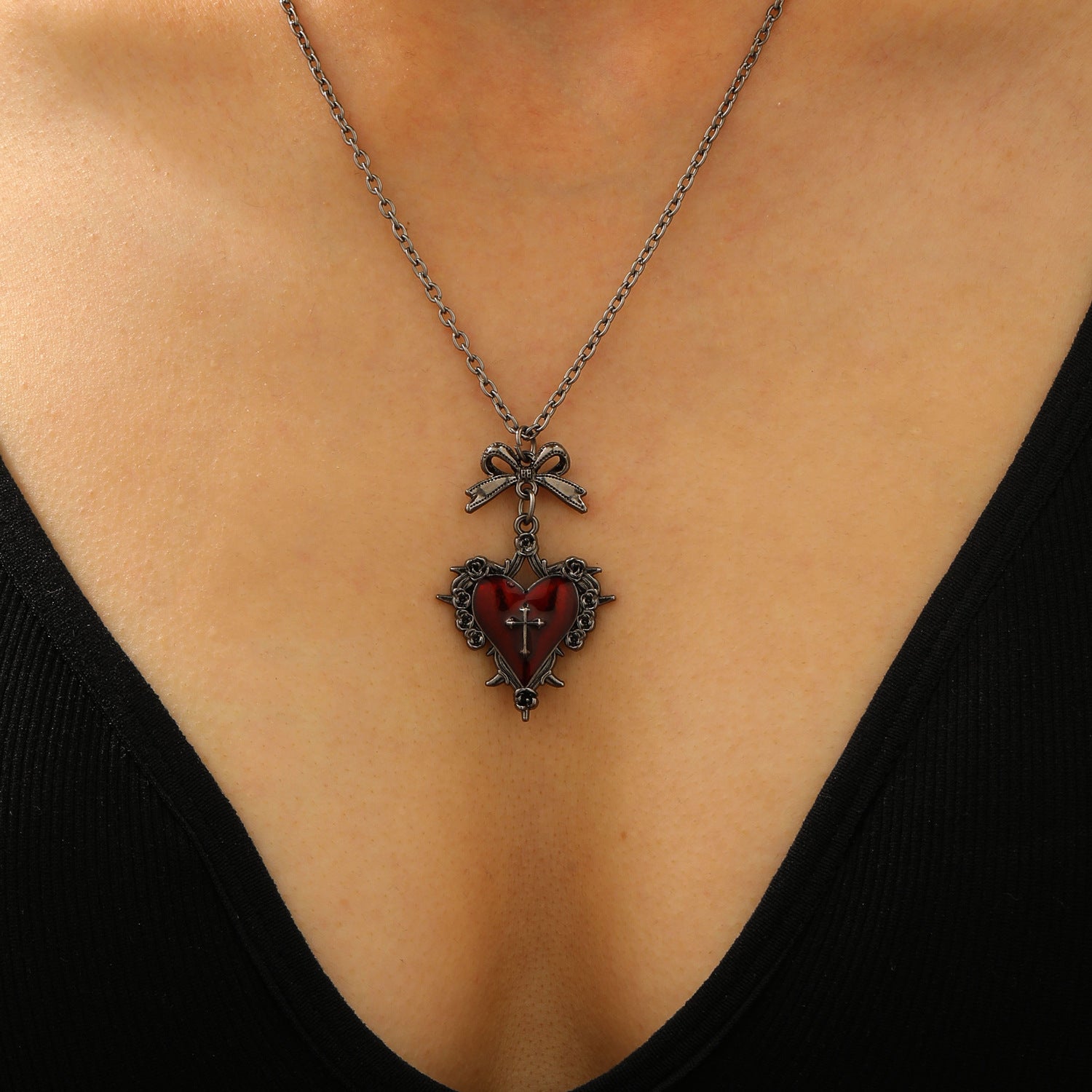 Wholesale Gothic Y2K Red Heart n Pendant Necklace With Bow Cross Zinc Alloy Fashion Accessory For Boutique Resale