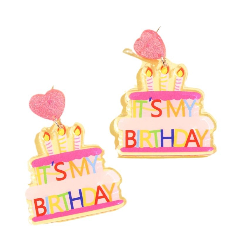 Wholesale Acrylic Happy Birthday Printed Birthday Cake Earrings