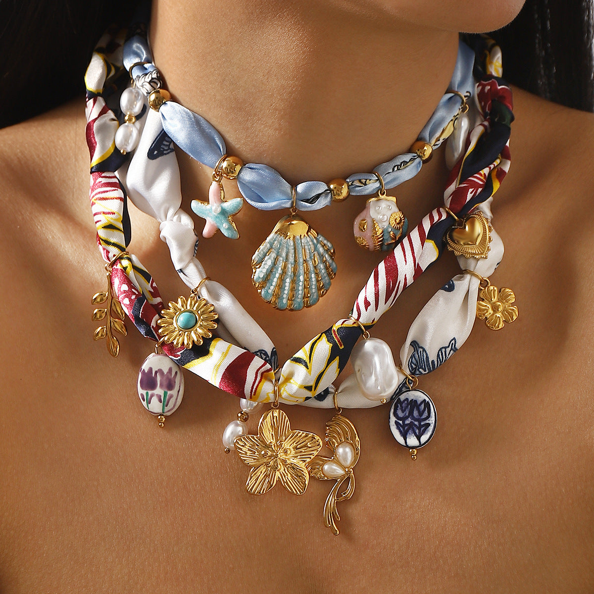 Wholesale Floral Ceramic Pendant Ribbon Necklace