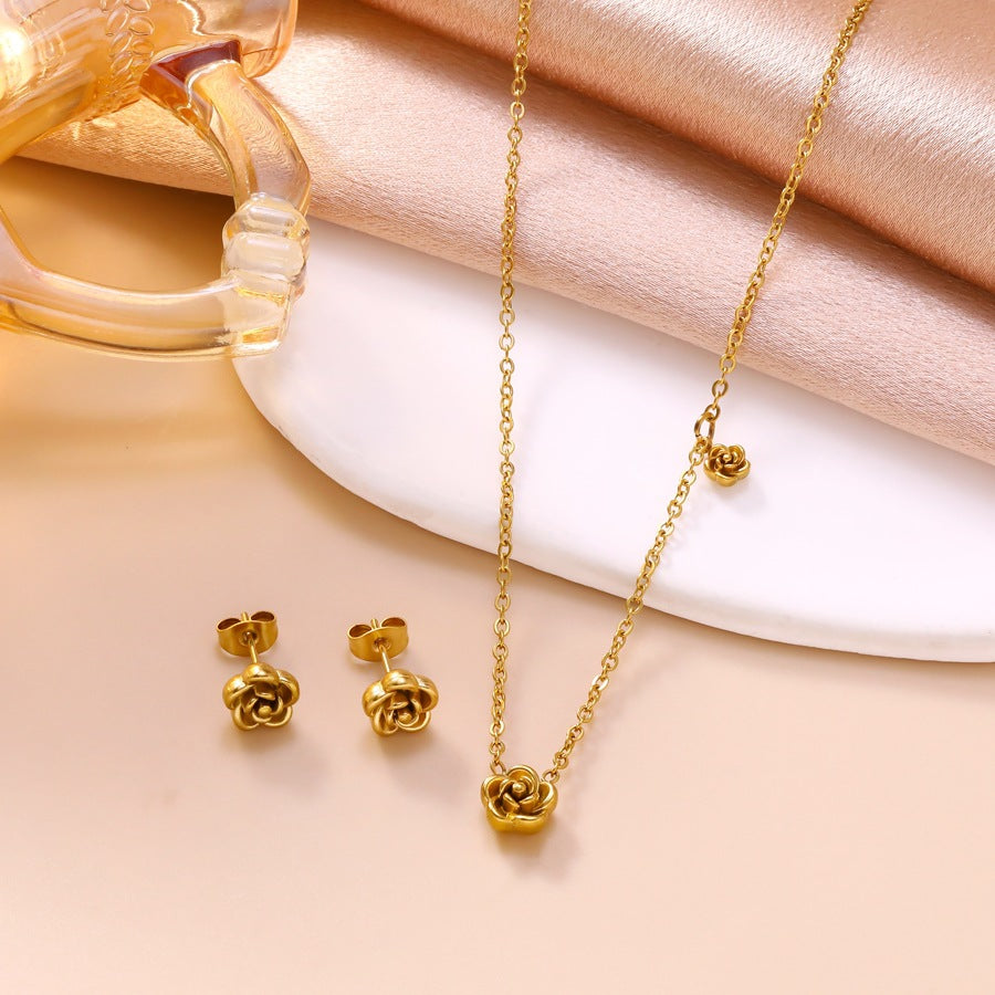 Wholesale Stainless Steel Electroplated 3D Camellia Flower Necklace and Earring Set Jewelry Gift for Women
