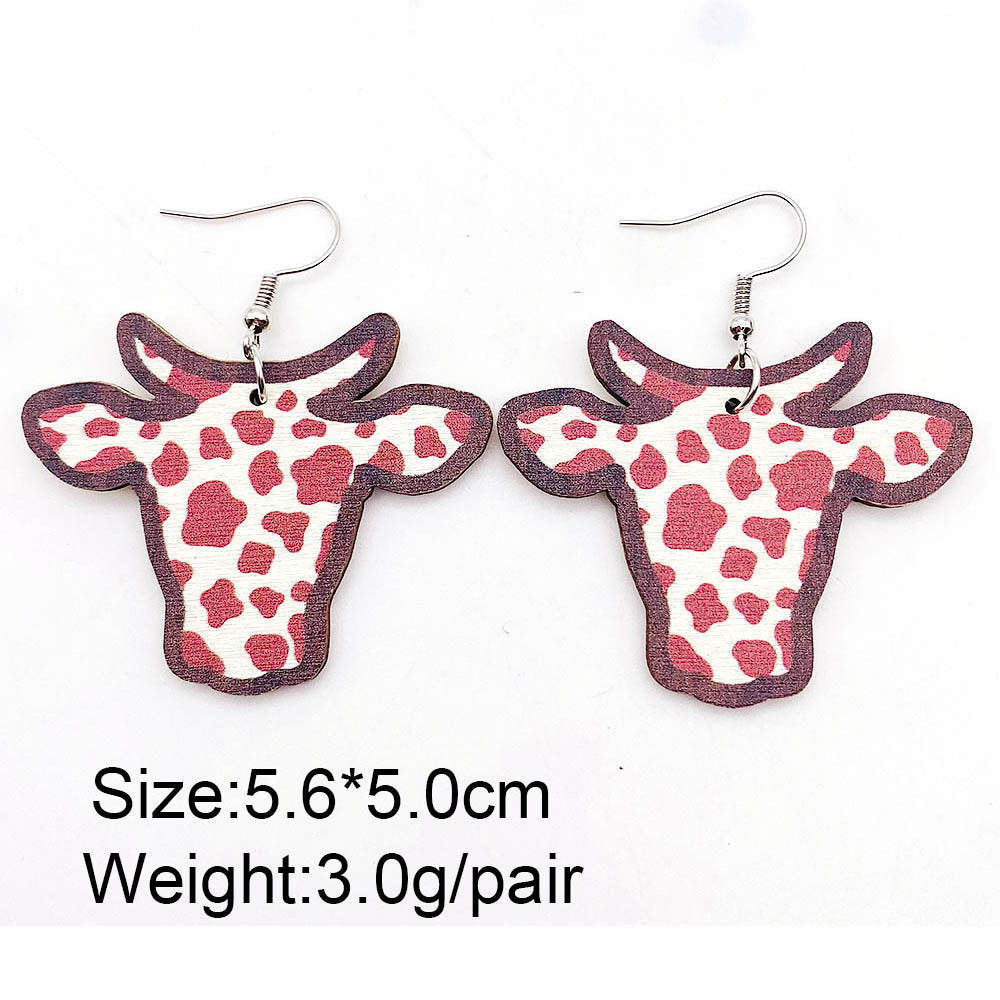 Wholesale Wooden Western Cowboy-Style Leopard Print Bull Skull Earrings