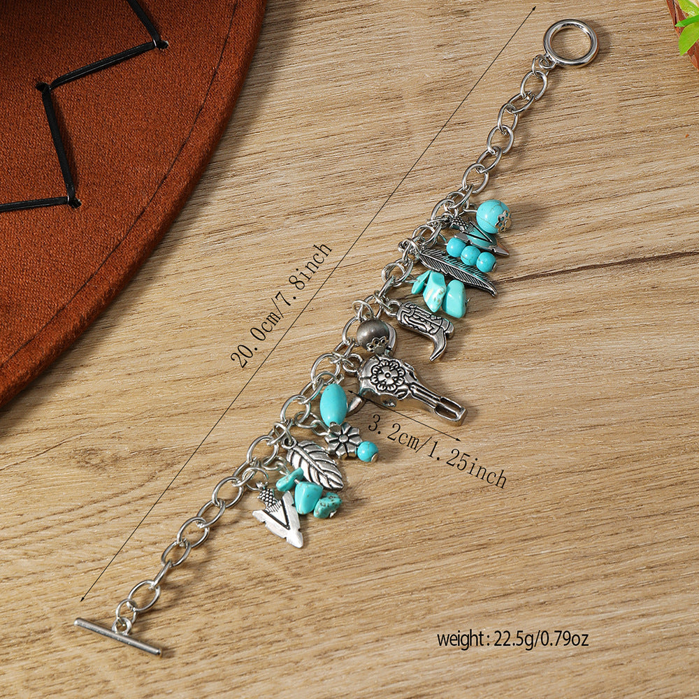 Wholesale Western Cowboy Style Turquoise Flower Feather Bracelet