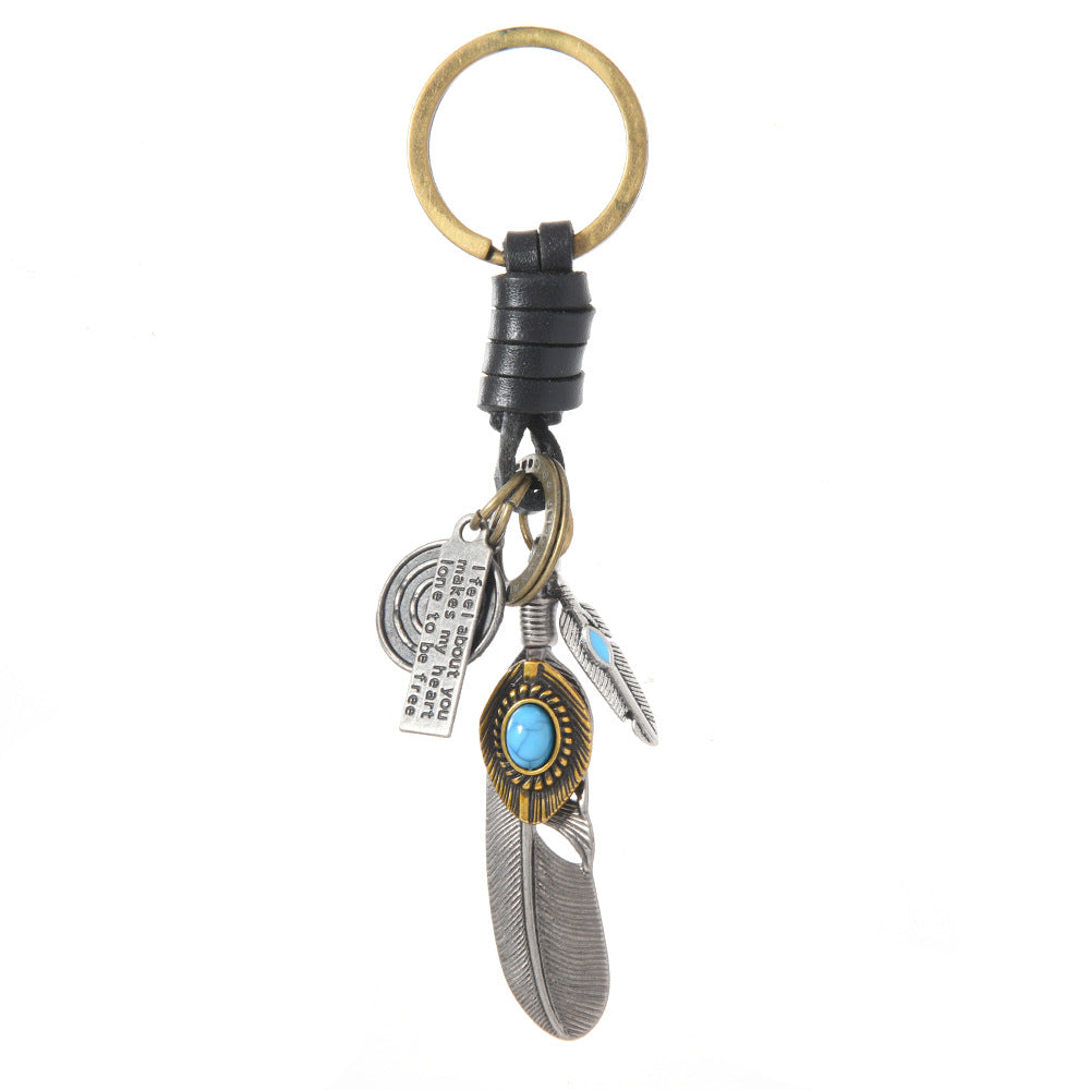 Wholesale  Alloy Bronze Turquoise Feather Retro Woven Cowhide Pendant Keychains