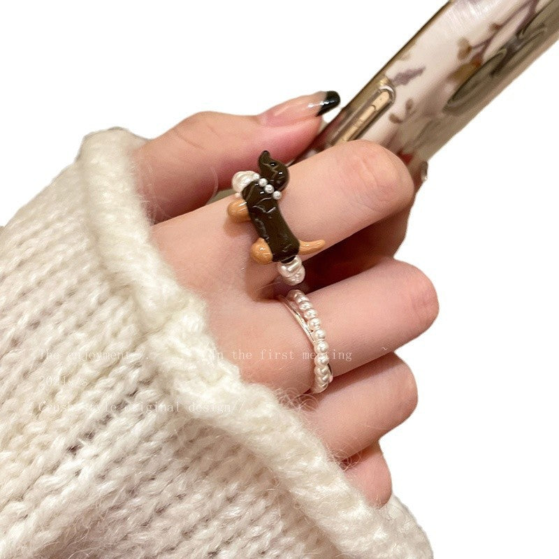 Wholesale Cute Dachshund Pearl Ring  Light Luxury Finger Ring
